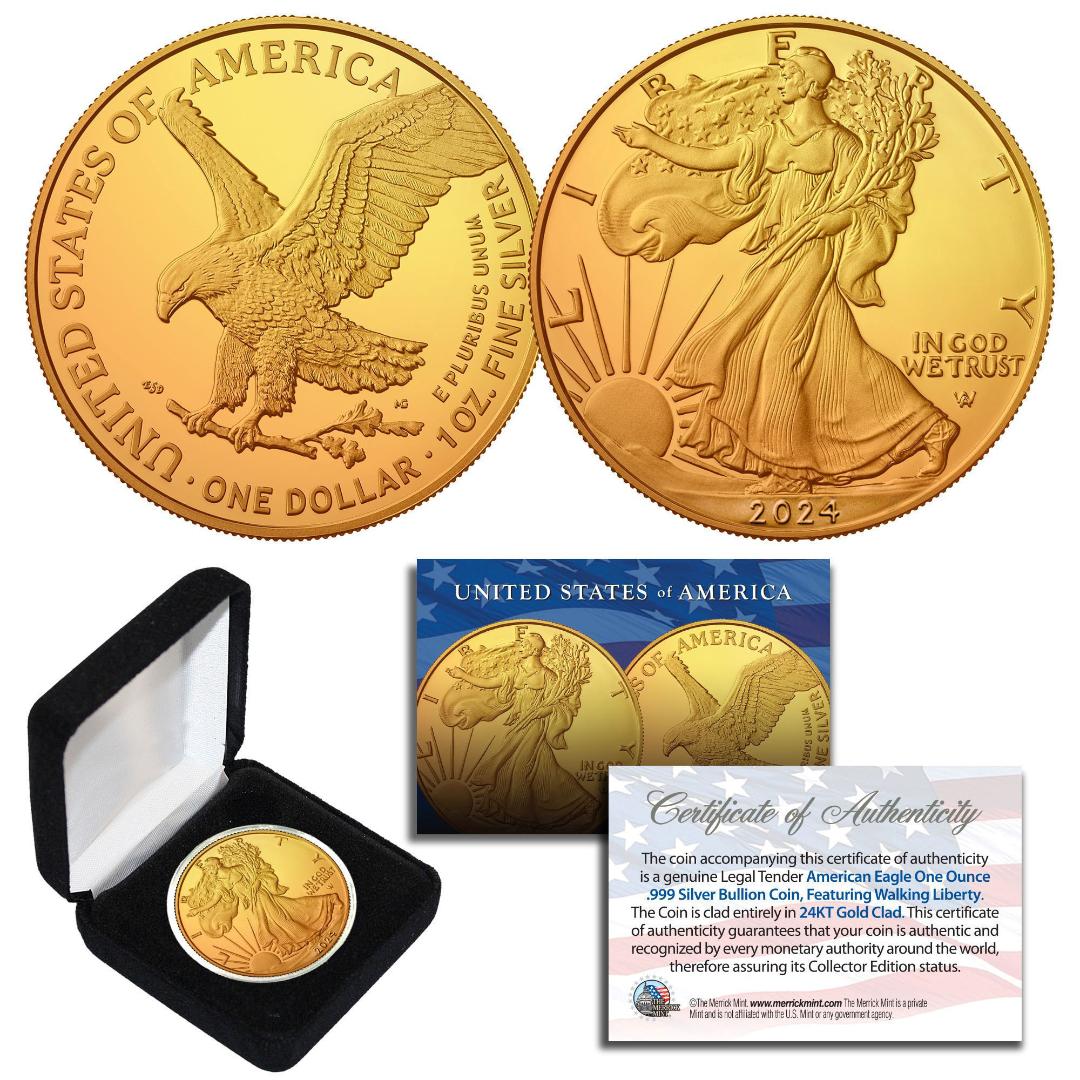 2024 Genuine 24K GOLD Plated 1 Troy Oz 999 Silver American Eagle